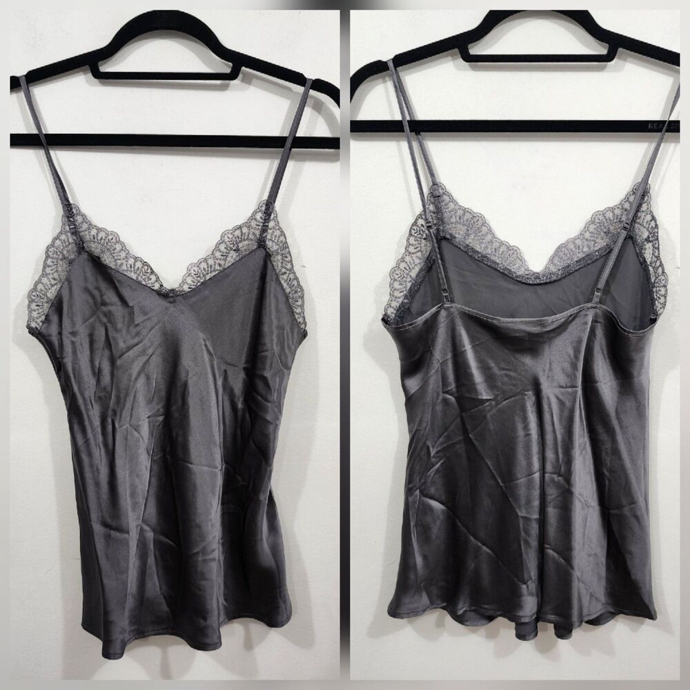 Julianne Rae 100% Silk Camisole Tank Top Lace Trim Pewter Lightweight Womens S